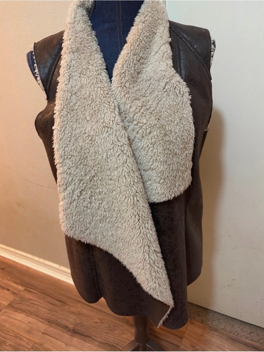 Faux Shearling Draped Vest - Cream & Dark Brown